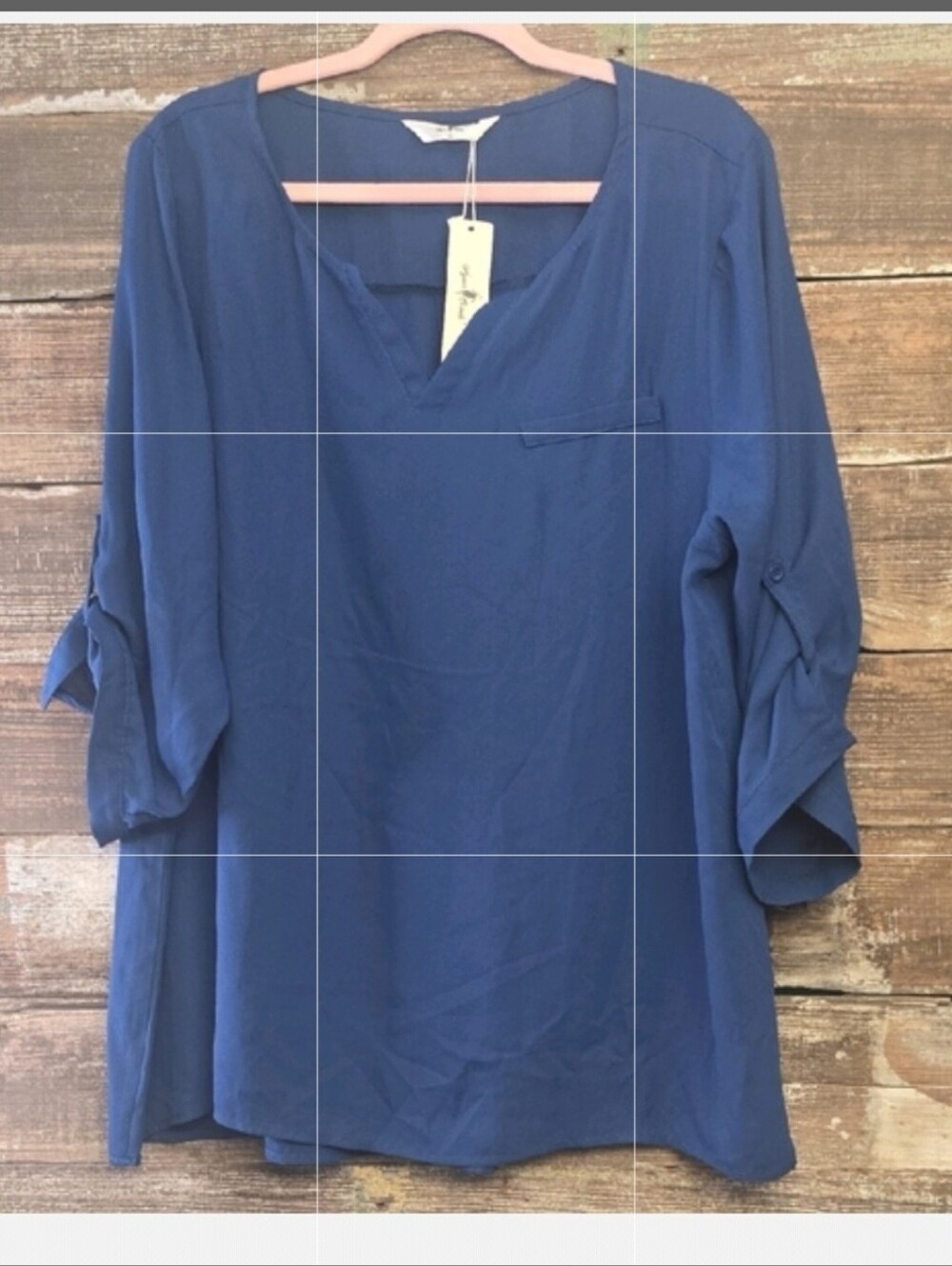 Women's Navy Split-Neck Roll-Sleeve Blouse by